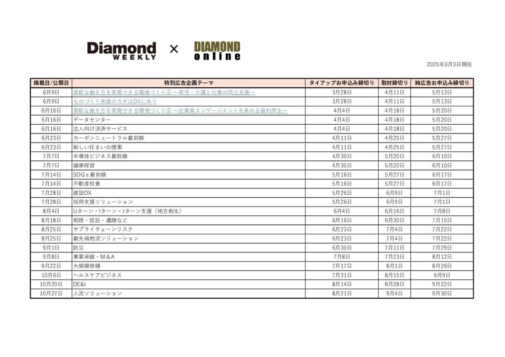 Diamond WEEKLY＆DIAMOND ONLINE 連合広告企画一覧