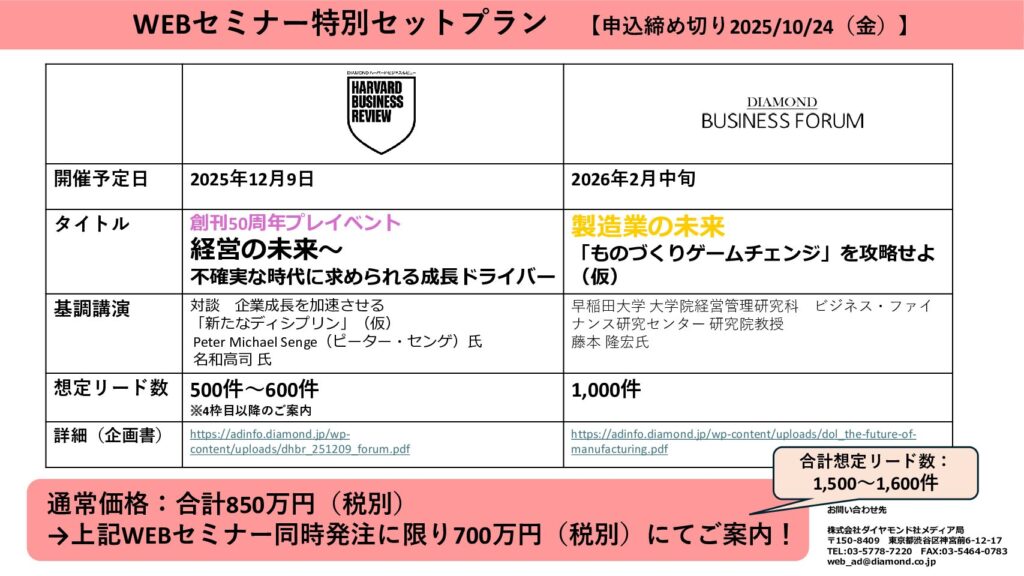 WEBセミナー特別セットプラン【DHBR】創刊50周年プレイベント経営の未来【DFB】製造業の未来