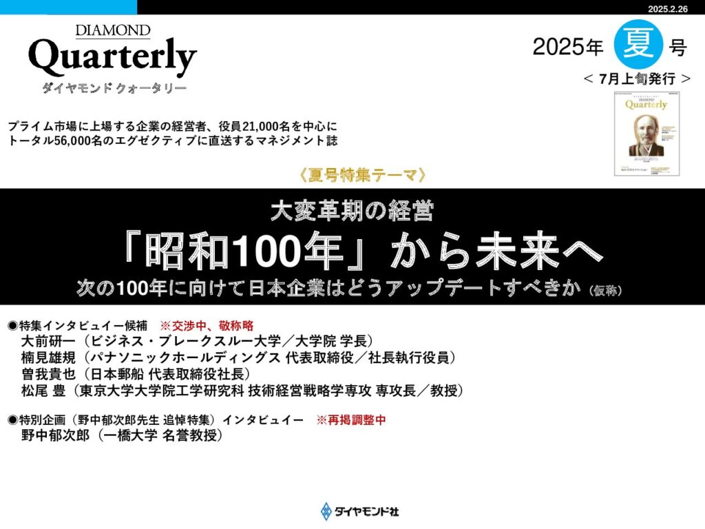 【夏号特集】大変革期の経営 「昭和100年」から未来へ 　～次の100年に向けて日本企業はどうアップデートすべきか～