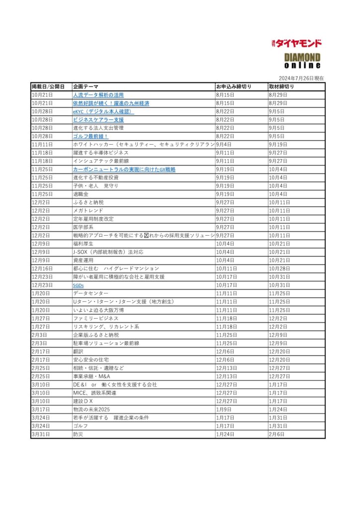 週刊ダイヤモンド&ダイヤモンド・オンライン　特別広告企画予定一覧